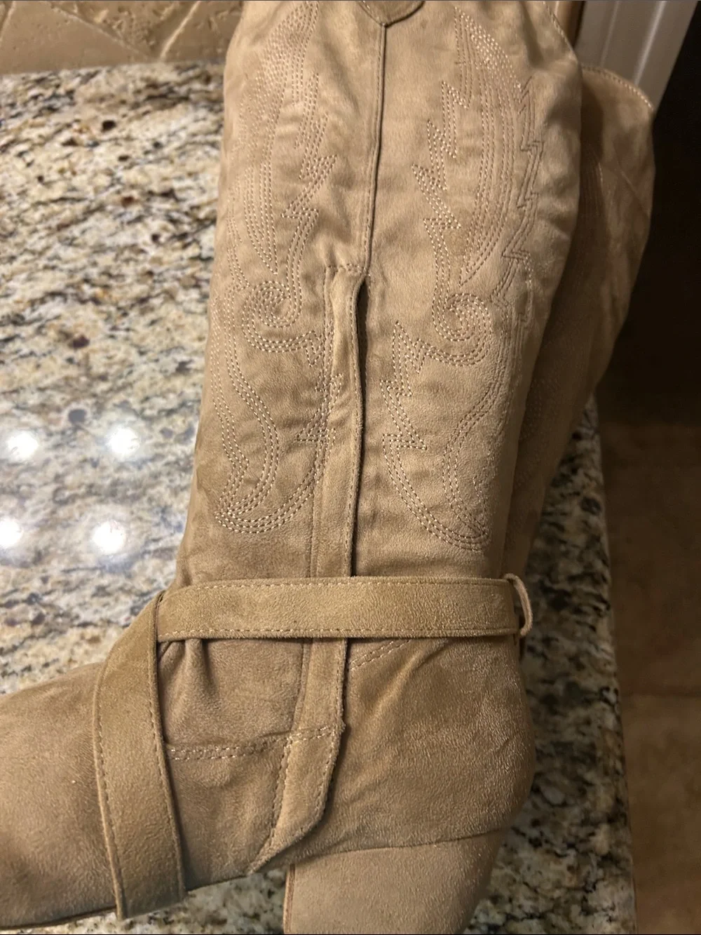 Jouncing’s Prescott Suede Sole Western Dance Boots in Beige with Buckle Detail